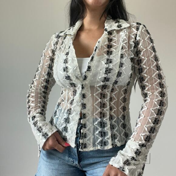Kenar Mesh embellished top button down long‎ sleeve artsy - Picture 10 of 10